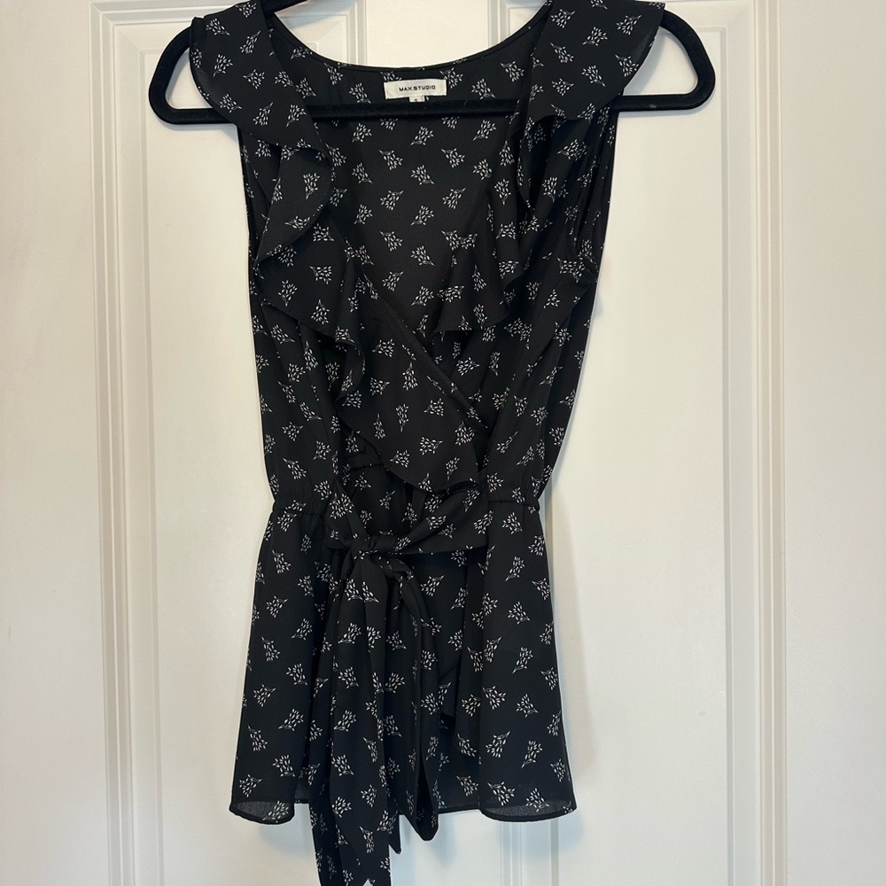 Max Studio Black and White Floral Wrap Blouse